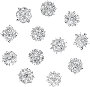 12 Pcs Rhinestone Brooch,Silver Crystal Flower Brooch Pins for Women,Assorted Small Size Decorative Brooch Pins for Crafts,Flower Lapel Badge Pins for DIY Crafts,Lapel Badge,Bridal Wedding Bouquet