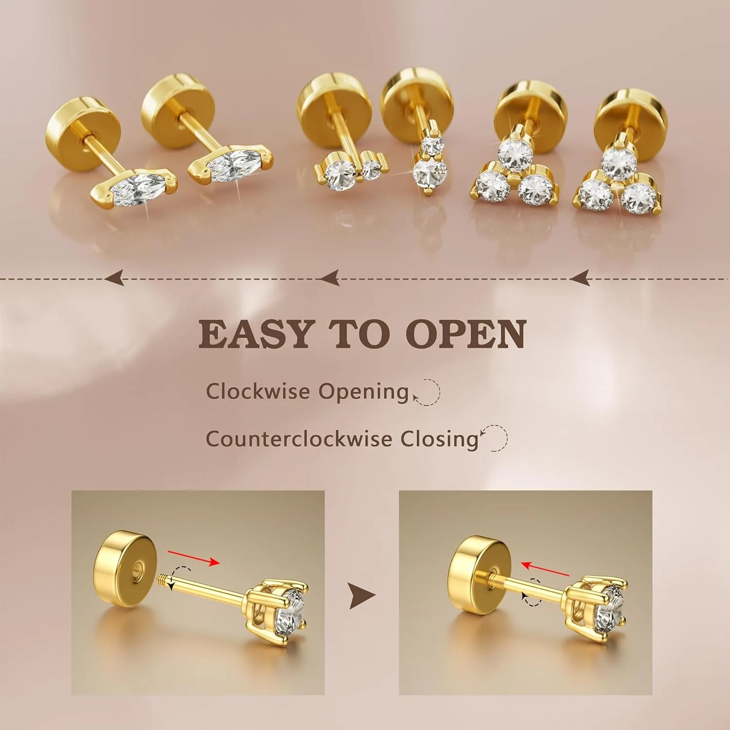 14K Gold Plated Solid 925 Sterling Silver Post Flat Back Earrings Stud | Cartilage Helix Conch Tragus Piercing Jewelry 3 Pairs Tiny Screw Dainty CZ Opal Earring Set Men Women