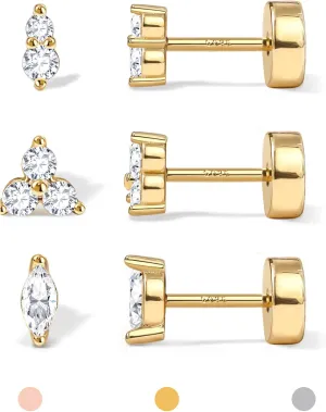 14K Gold Plated Solid 925 Sterling Silver Post Flat Back Earrings Stud | Cartilage Helix Conch Tragus Piercing Jewelry 3 Pairs Tiny Screw Dainty CZ Opal Earring Set Men Women