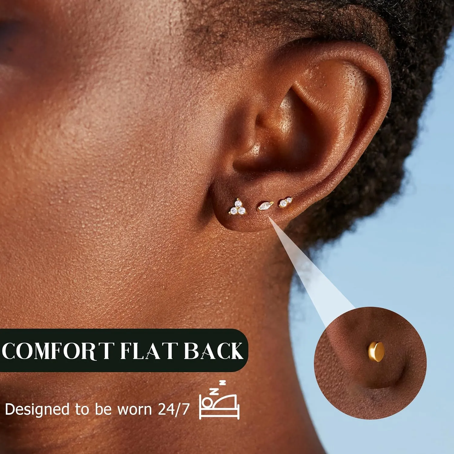 14K Gold Plated Solid 925 Sterling Silver Post Flat Back Earrings Stud | Cartilage Helix Conch Tragus Piercing Jewelry 3 Pairs Tiny Screw Dainty CZ Opal Earring Set Men Women