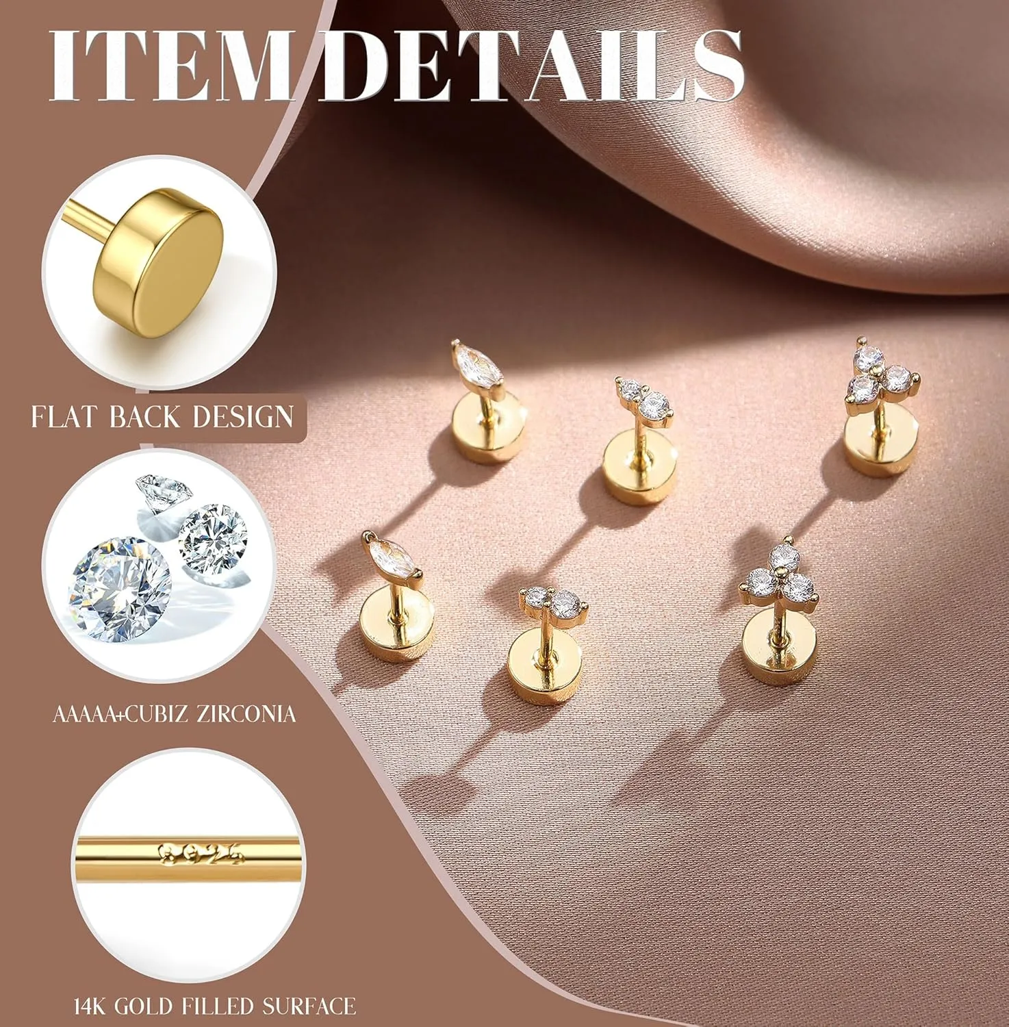 14K Gold Plated Solid 925 Sterling Silver Post Flat Back Earrings Stud | Cartilage Helix Conch Tragus Piercing Jewelry 3 Pairs Tiny Screw Dainty CZ Opal Earring Set Men Women