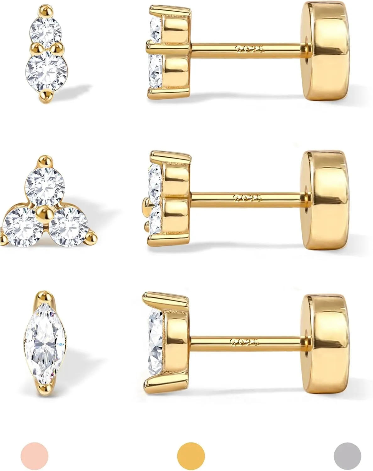 14K Gold Plated Solid 925 Sterling Silver Post Flat Back Earrings Stud | Cartilage Helix Conch Tragus Piercing Jewelry 3 Pairs Tiny Screw Dainty CZ Opal Earring Set Men Women