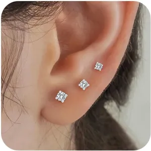 3 Pairs 14k Gold Stud Earrings for Women Hypoallergenic 925 Sterling Silver Post Dainty Silver Cartilage Tragus Earrings Stacks Set Trendy Small Diamond Heart Multiple Piercing Jewelry for Men