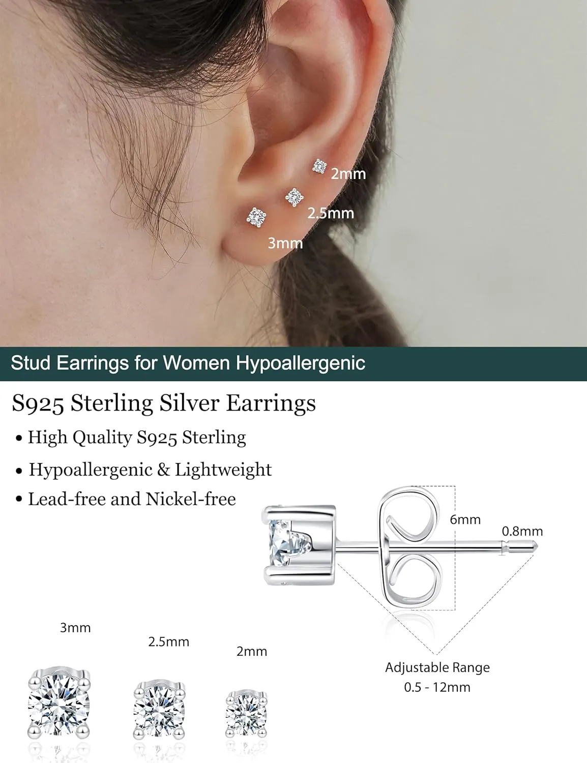 3 Pairs 14k Gold Stud Earrings for Women Hypoallergenic 925 Sterling Silver Post Dainty Silver Cartilage Tragus Earrings Stacks Set Trendy Small Diamond Heart Multiple Piercing Jewelry for Men