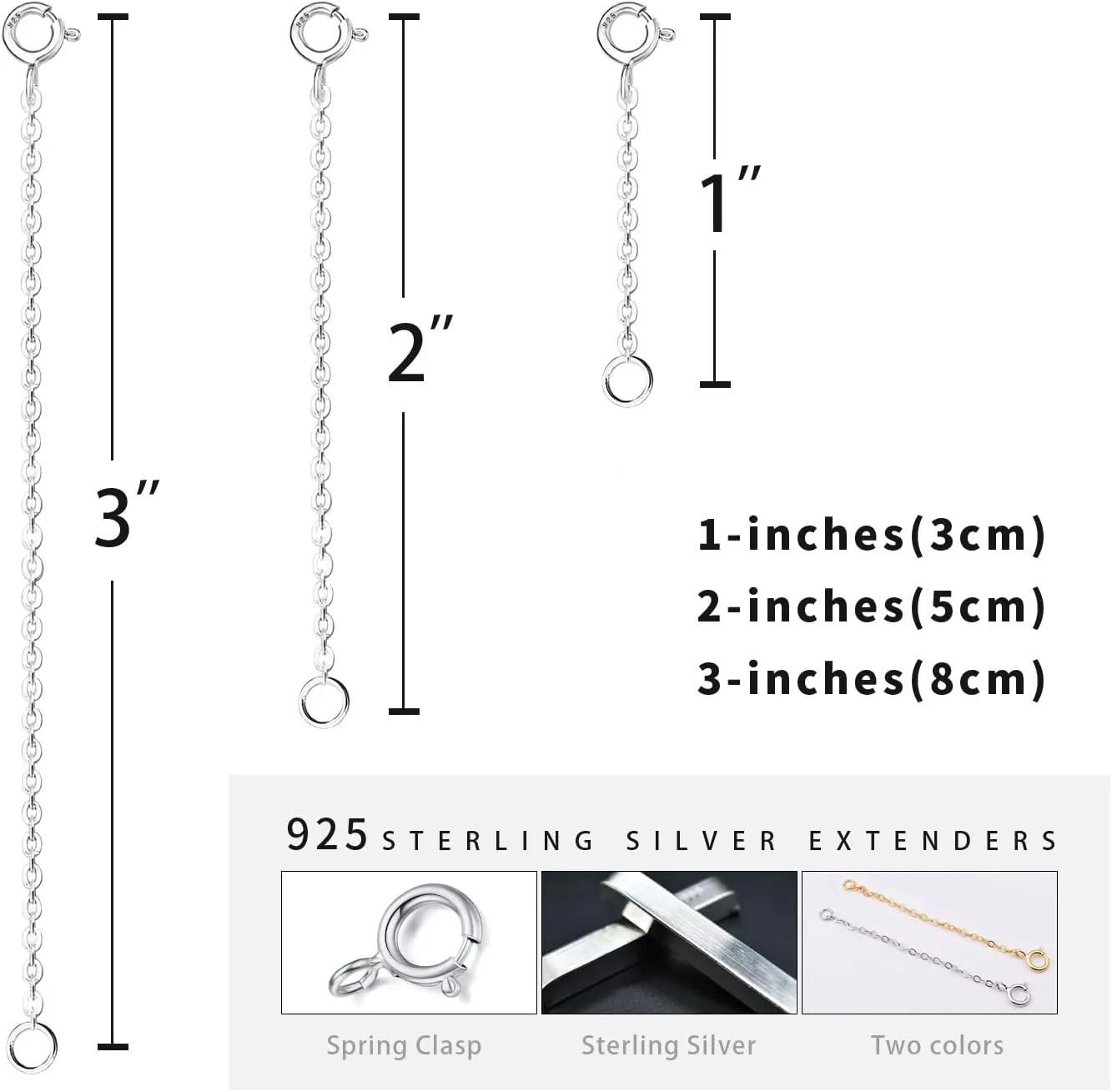 3 Pcs 925 Sterling Silver Necklace Extender, Durable Chain Extenders, Necklace Bracelet Anklet Jewelry Extension for Women (1 2 3 Inch)