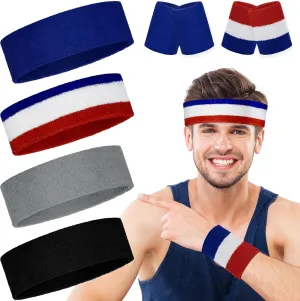 4-Pack Sweat-Wicking Headbands & Wristbands for Men & Women  Moisture-Absorbing Terry Cotton Workout Bands for Running, Gym, Basketball, Yoga  Non-Slip Athletic Sweatbands Set