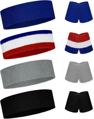 4-Pack Sweat-Wicking Headbands & Wristbands for Men & Women  Moisture-Absorbing Terry Cotton Workout Bands for Running, Gym, Basketball, Yoga  Non-Slip Athletic Sweatbands Set