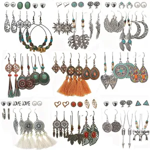 45 Pairs Boho Vintage Drop Dangle Earrings Set for Women, Fashion Bohemian Earrings National Style Tassel Eardrop Hollow Bronze Waterdrop Leaf Jewelry for Valentine's Day Gifts