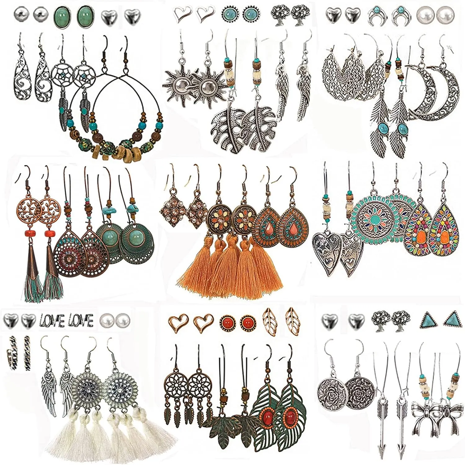 45 Pairs Boho Vintage Drop Dangle Earrings Set for Women, Fashion Bohemian Earrings National Style Tassel Eardrop Hollow Bronze Waterdrop Leaf Jewelry for Valentine's Day Gifts