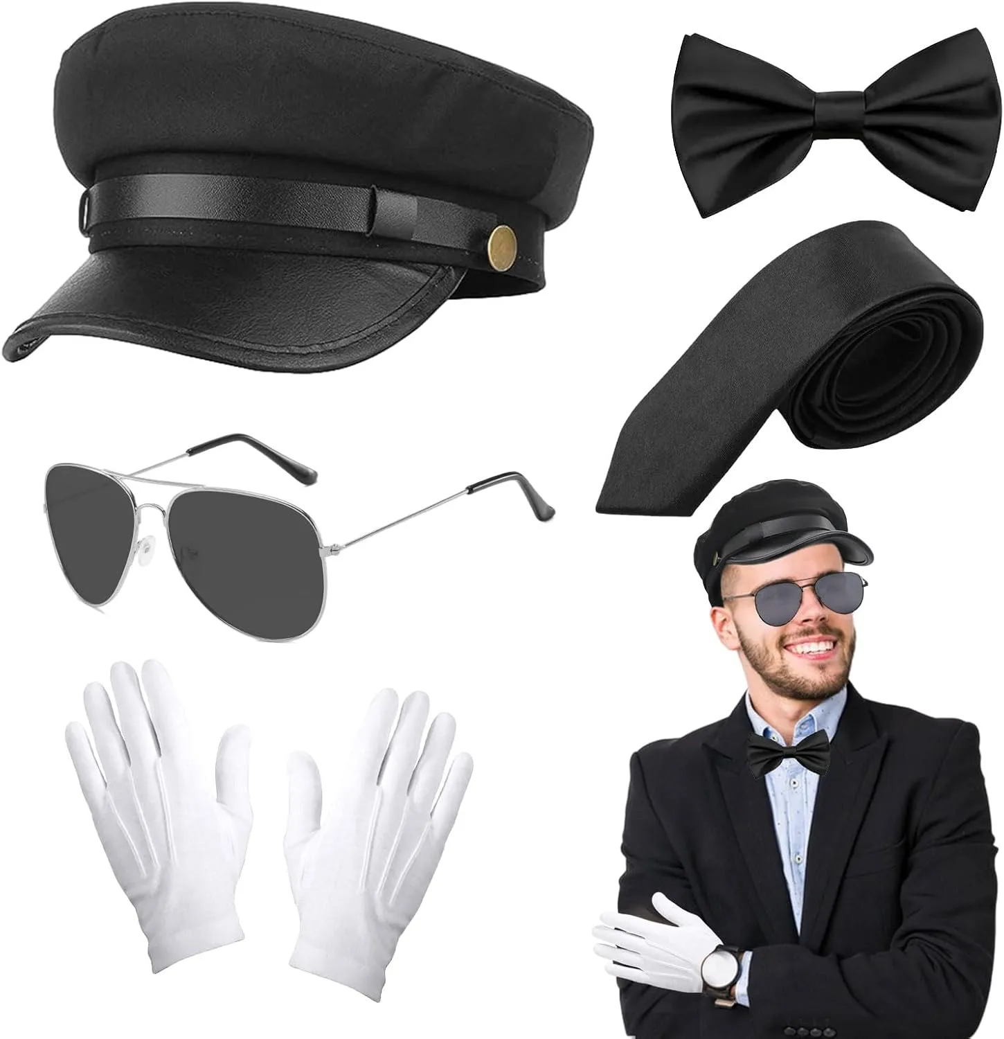 5 Pcs Chauffeur Costume Accessories Set, Novelty Limo Driver Fancy Dress Kit with Black Chauffeur Hat Sunglasses Bow Tie Gloves Outfit for Adults Cosplay Dress up Party Hen/Stag Night Theme Party