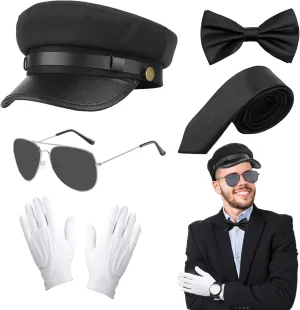 5 Pcs Chauffeur Costume Accessories Set, Novelty Limo Driver Fancy Dress Kit with Black Chauffeur Hat Sunglasses Bow Tie Gloves Outfit for Adults Cosplay Dress up Party Hen/Stag Night Theme Party