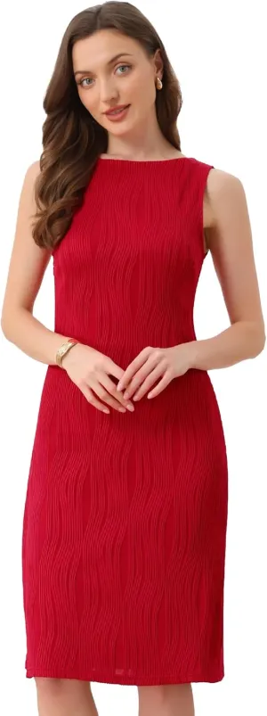 Allegra K Sleeveless Sheath Dress for Women's Boat Neck Textured Elegant Office Dress