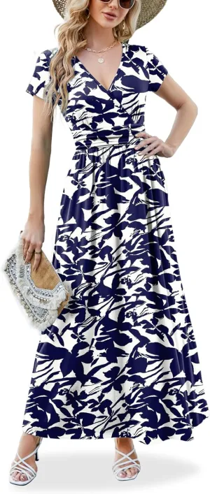 ANRILITA Maxi Dress for Women Wrap V Neck Short Sleeve Empire Pleated Waist Summer Casual Elegant Long Dresses with Pockets