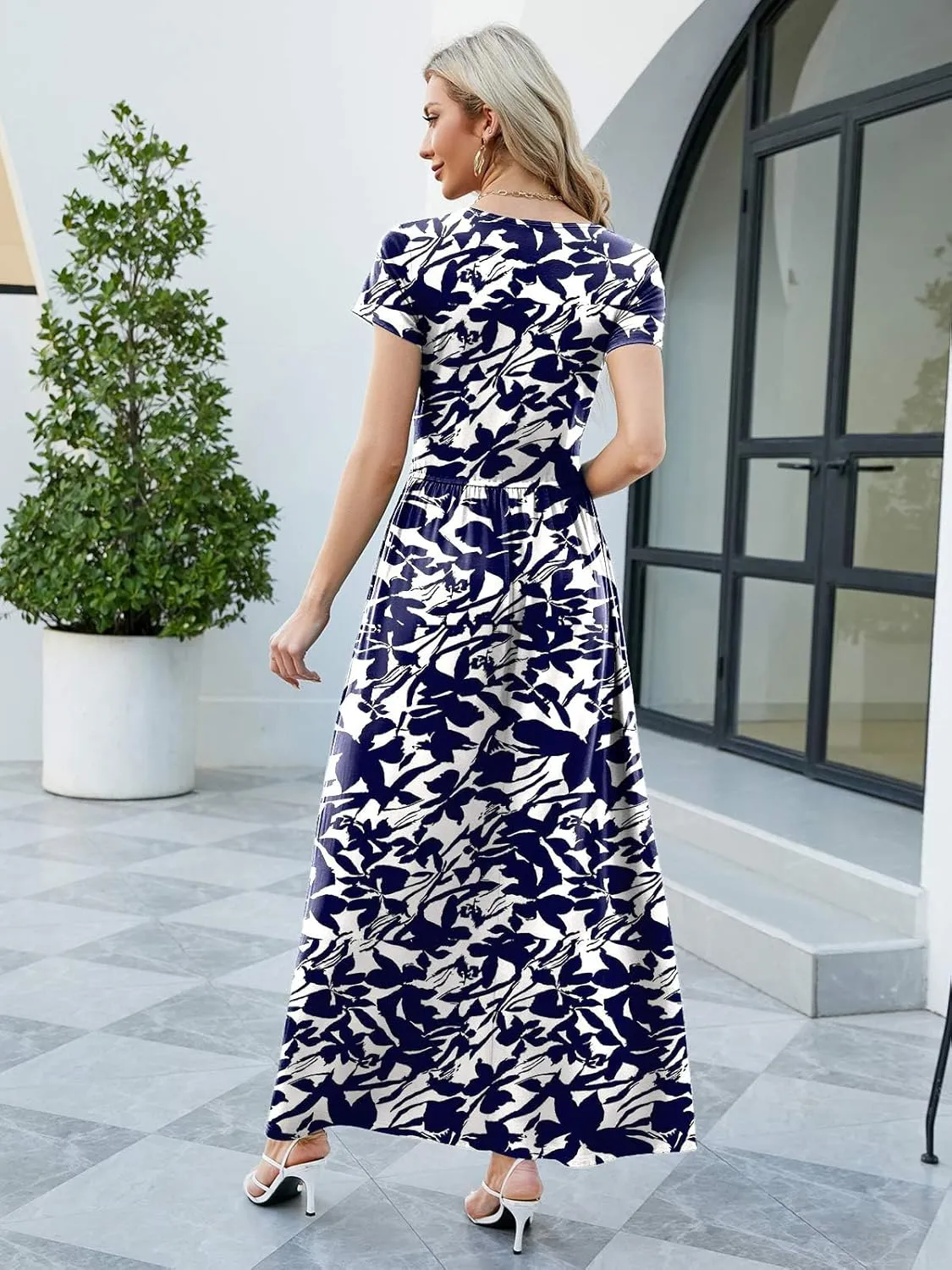 ANRILITA Maxi Dress for Women Wrap V Neck Short Sleeve Empire Pleated Waist Summer Casual Elegant Long Dresses with Pockets