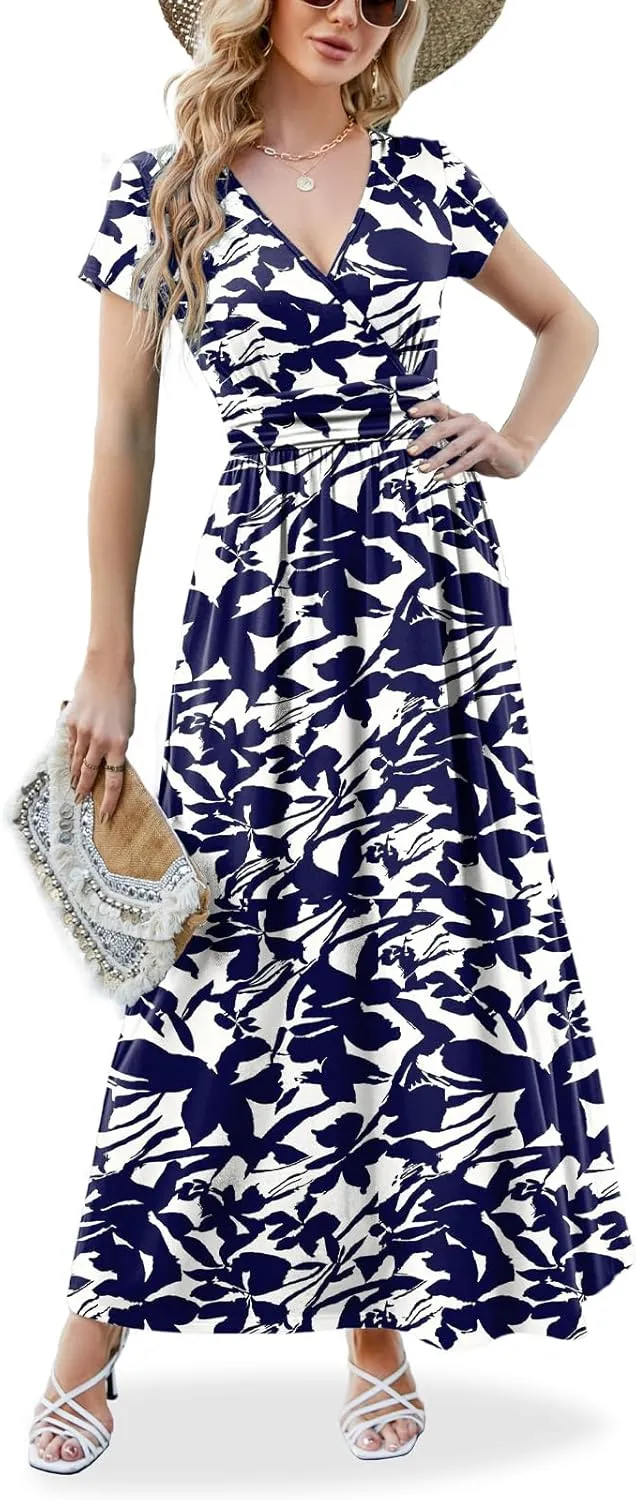 ANRILITA Maxi Dress for Women Wrap V Neck Short Sleeve Empire Pleated Waist Summer Casual Elegant Long Dresses with Pockets
