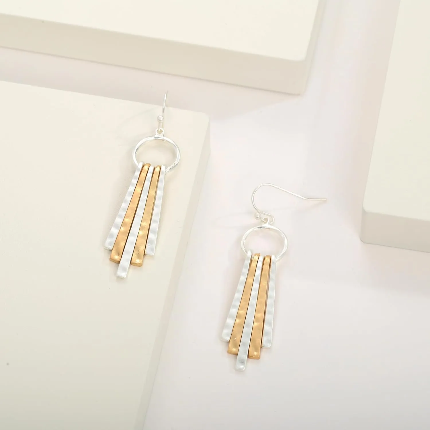 Antique Gold Hammered Disc Drop Earrings Boho Earrings with Two Tone Jewelry Gift