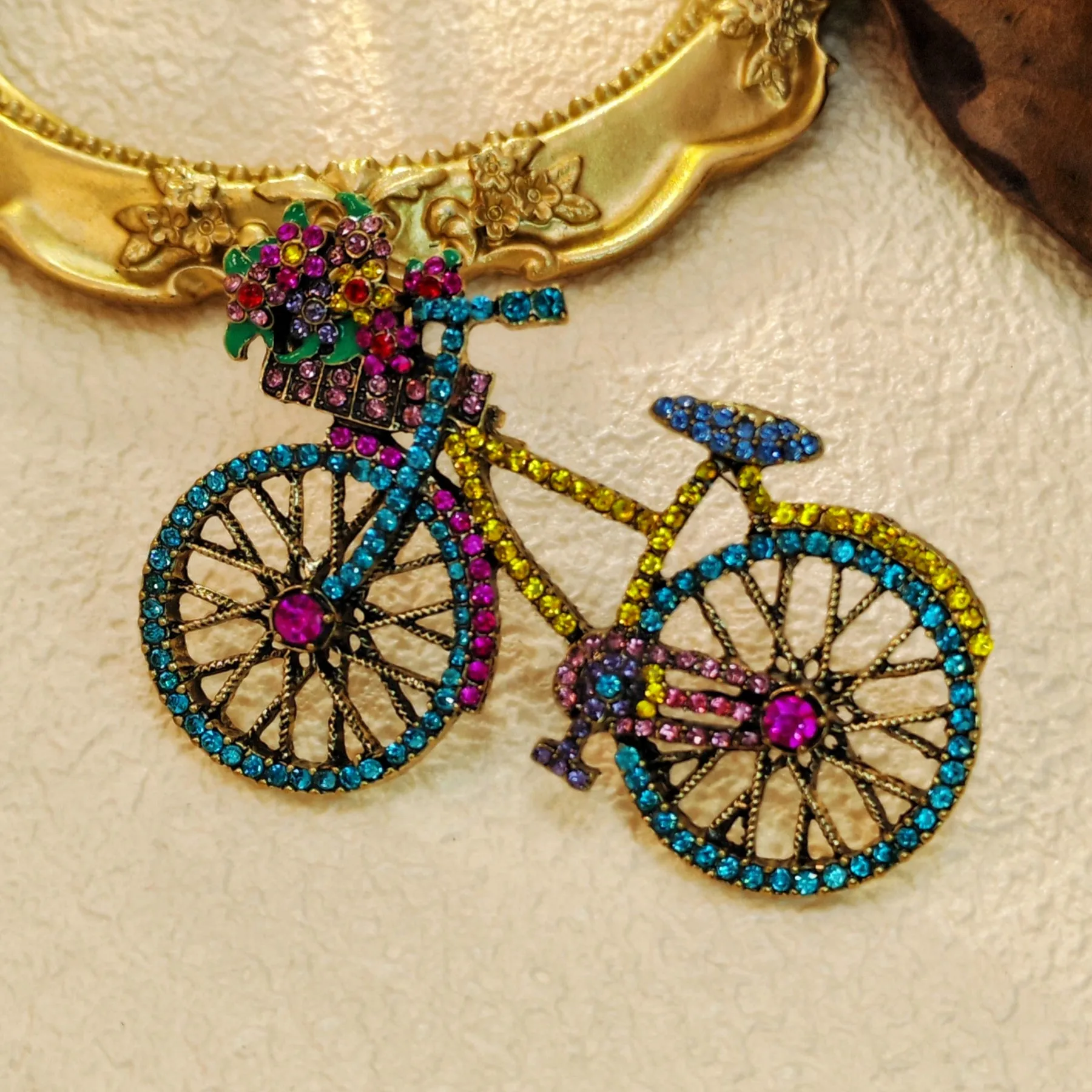 Cheerful Colorful Crystal Bicycle Pin Brooch with Full Flower Basket