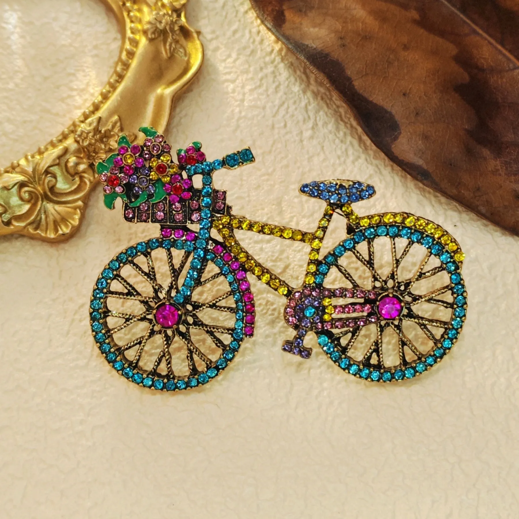 Cheerful Colorful Crystal Bicycle Pin Brooch with Full Flower Basket