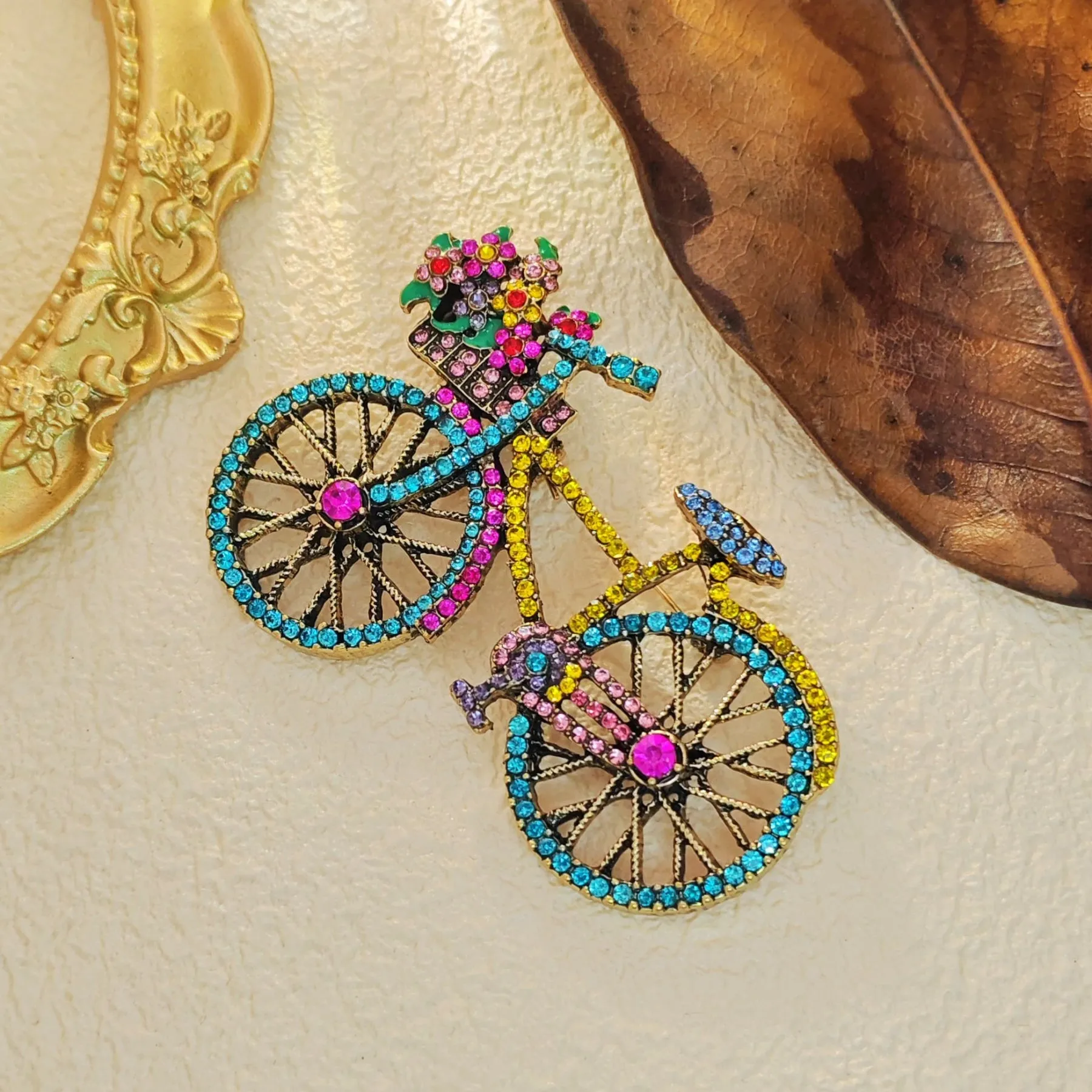 Cheerful Colorful Crystal Bicycle Pin Brooch with Full Flower Basket