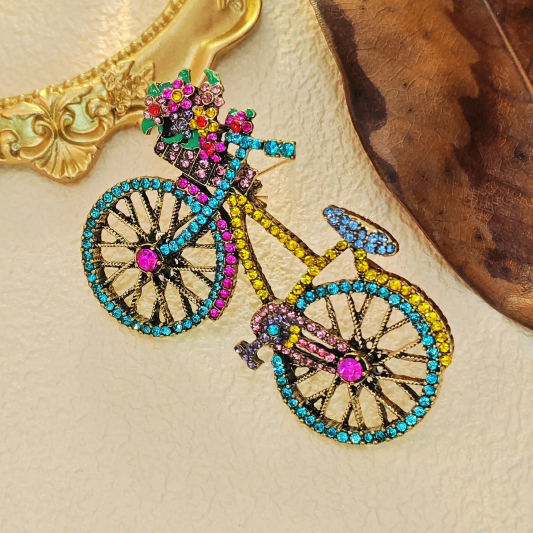 Cheerful Colorful Crystal Bicycle Pin Brooch with Full Flower Basket