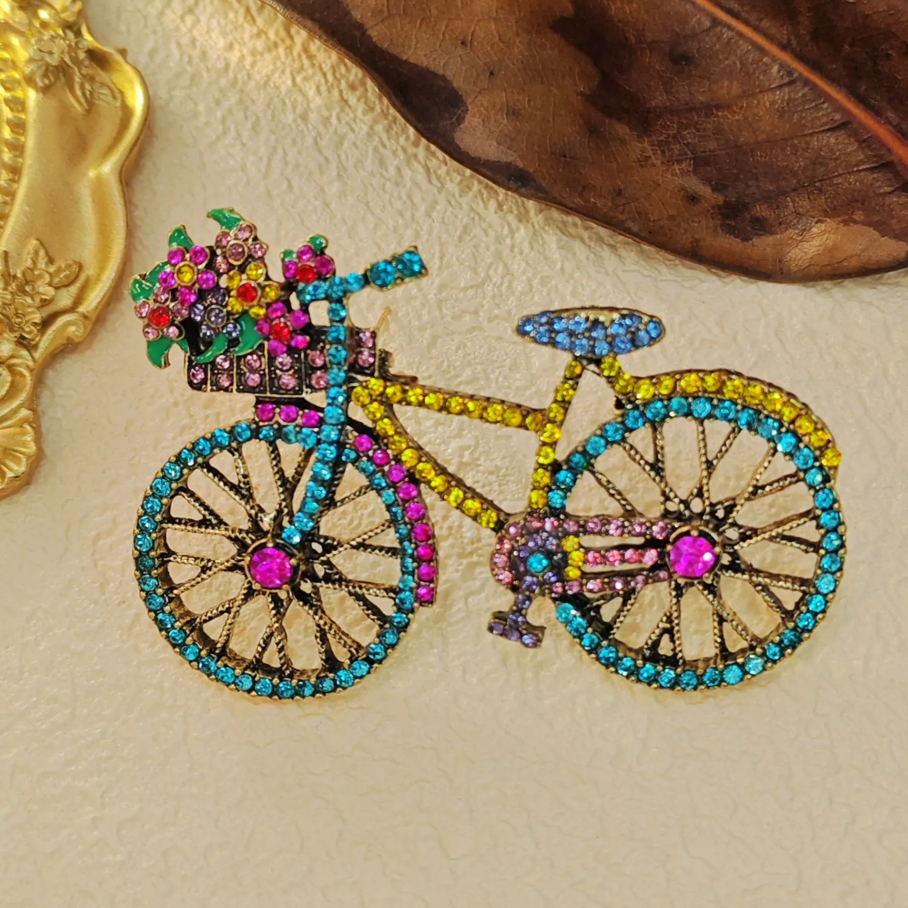 Cheerful Colorful Crystal Bicycle Pin Brooch with Full Flower Basket