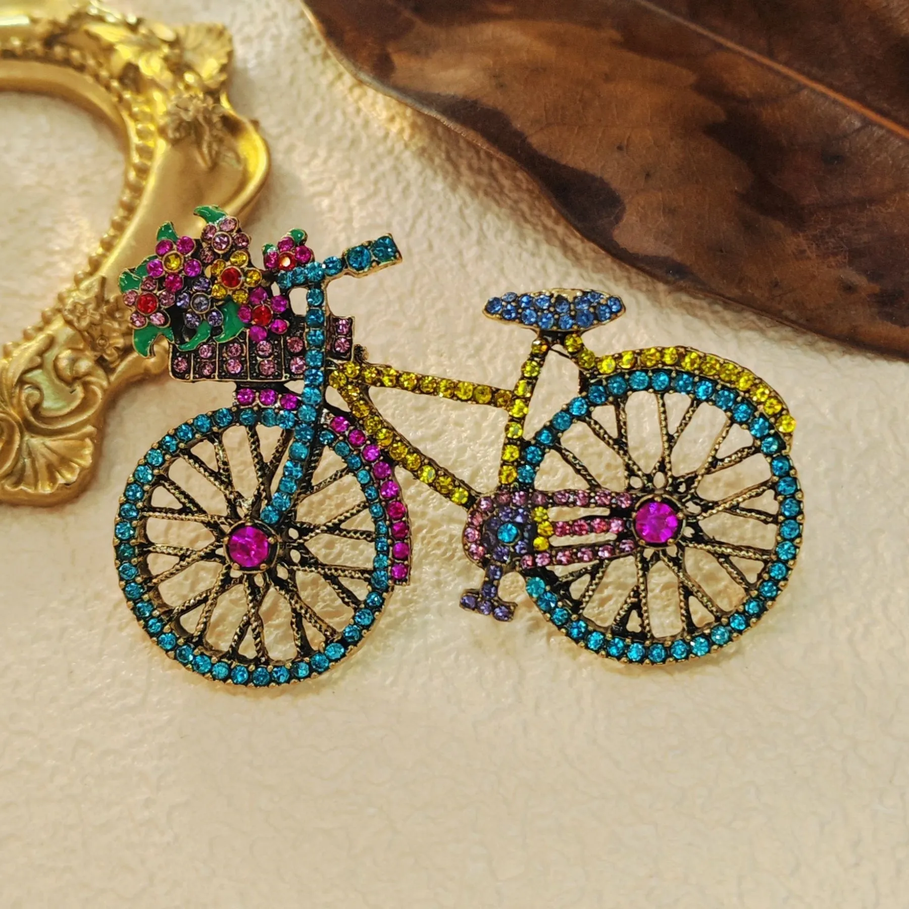 Cheerful Colorful Crystal Bicycle Pin Brooch with Full Flower Basket