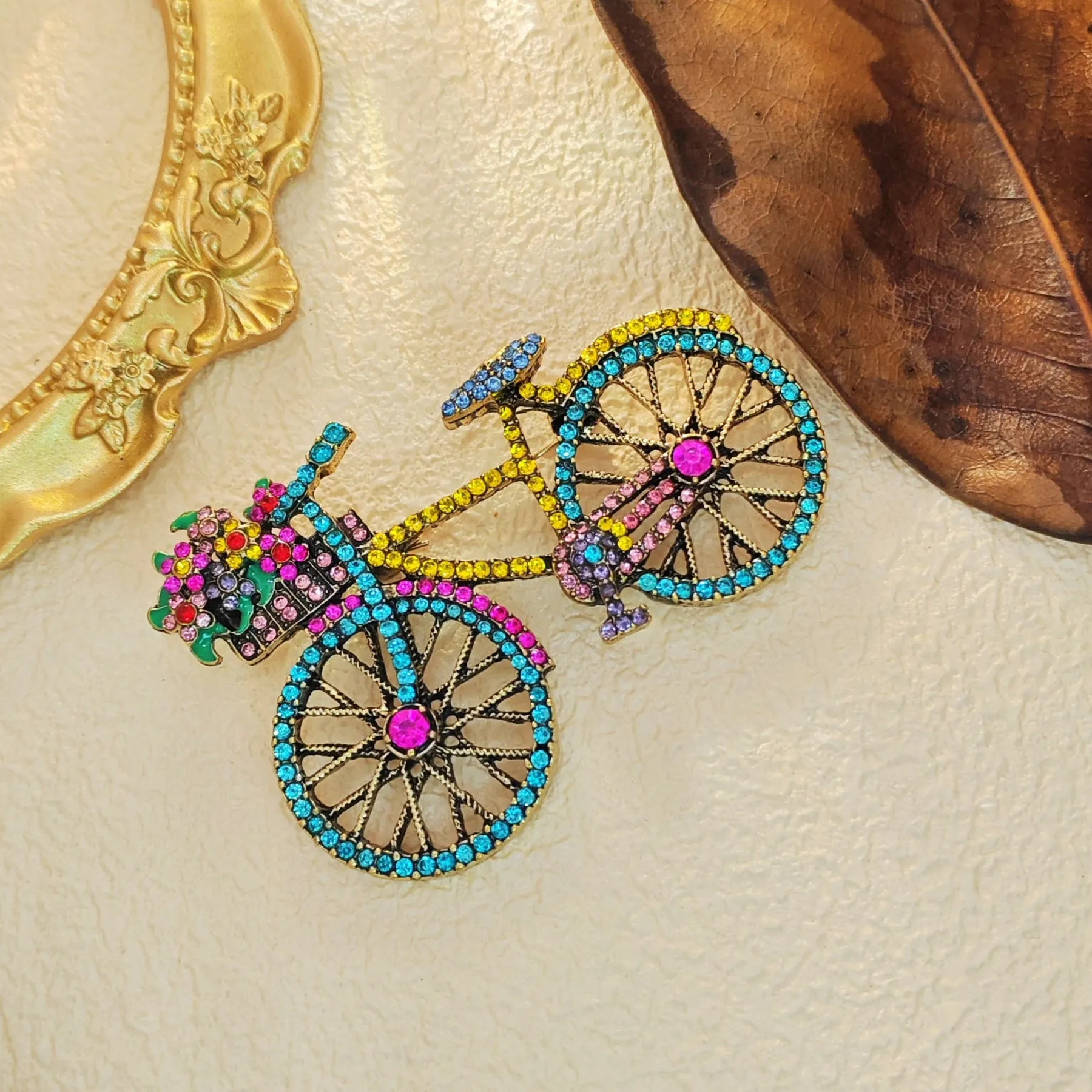 Cheerful Colorful Crystal Bicycle Pin Brooch with Full Flower Basket