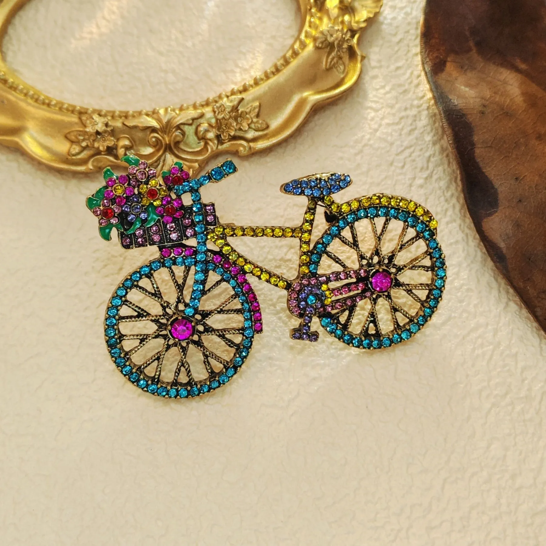 Cheerful Colorful Crystal Bicycle Pin Brooch with Full Flower Basket