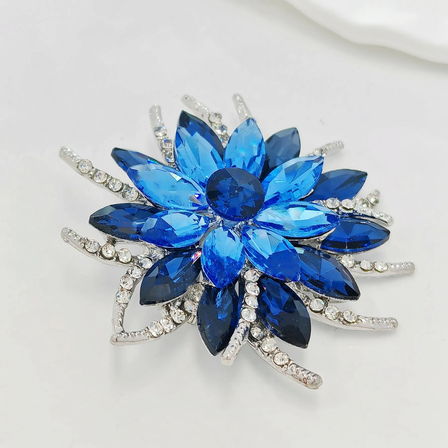 Classic Stylish Layered Statement Navy Blue Rhinestone Flower Sash Brooch Pin Bridal Wedding Jewelry
