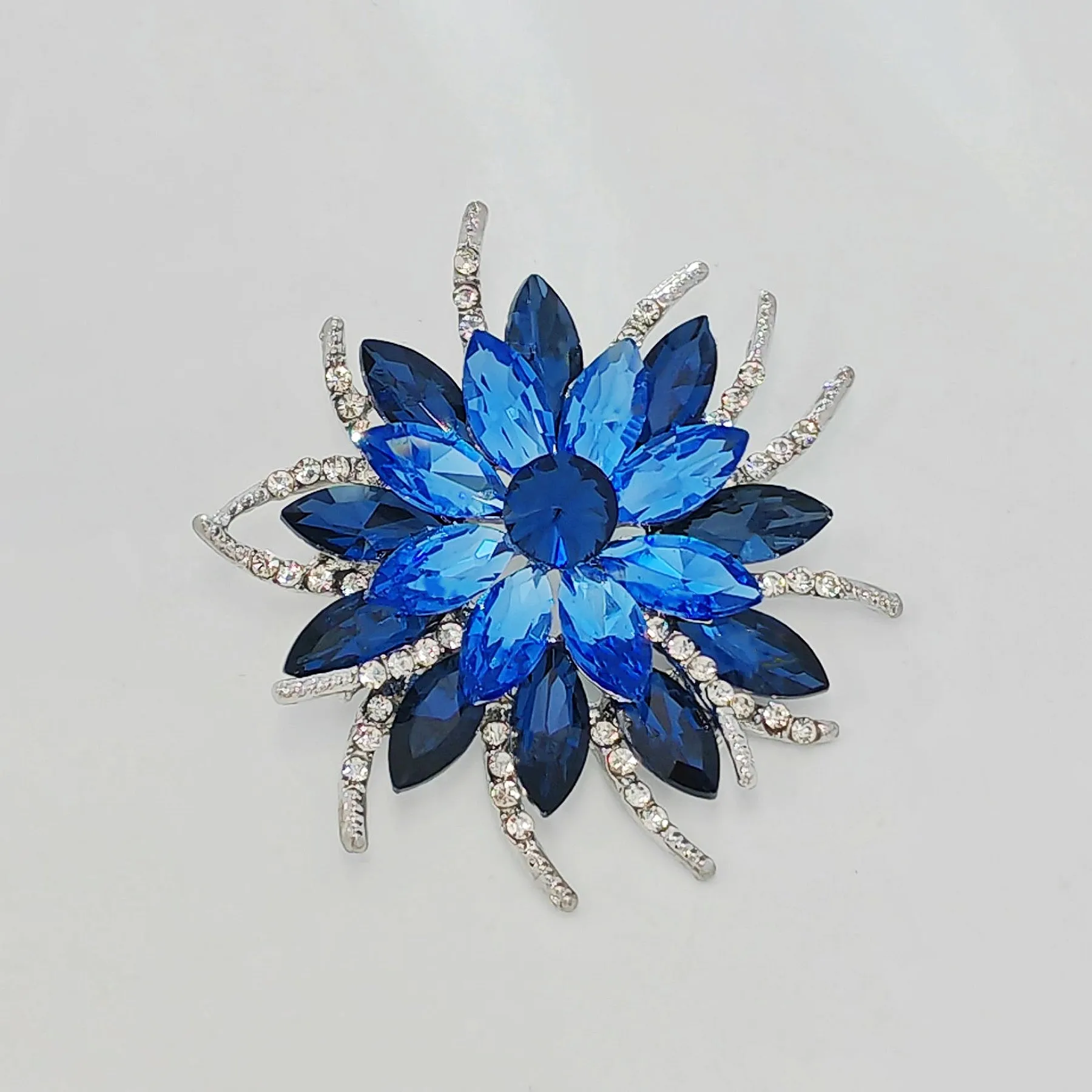 Classic Stylish Layered Statement Navy Blue Rhinestone Flower Sash Brooch Pin Bridal Wedding Jewelry