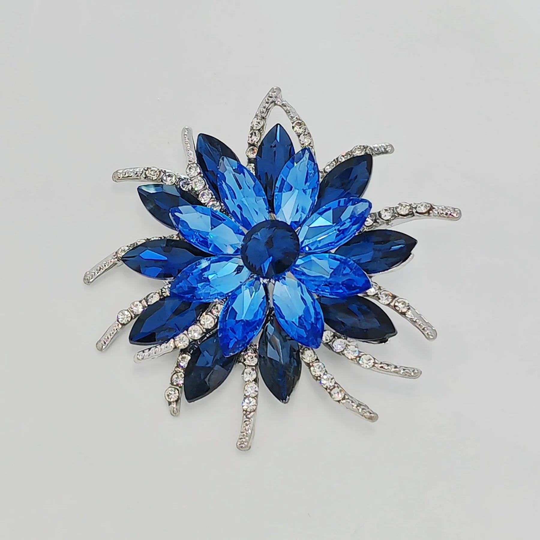 Classic Stylish Layered Statement Navy Blue Rhinestone Flower Sash Brooch Pin Bridal Wedding Jewelry