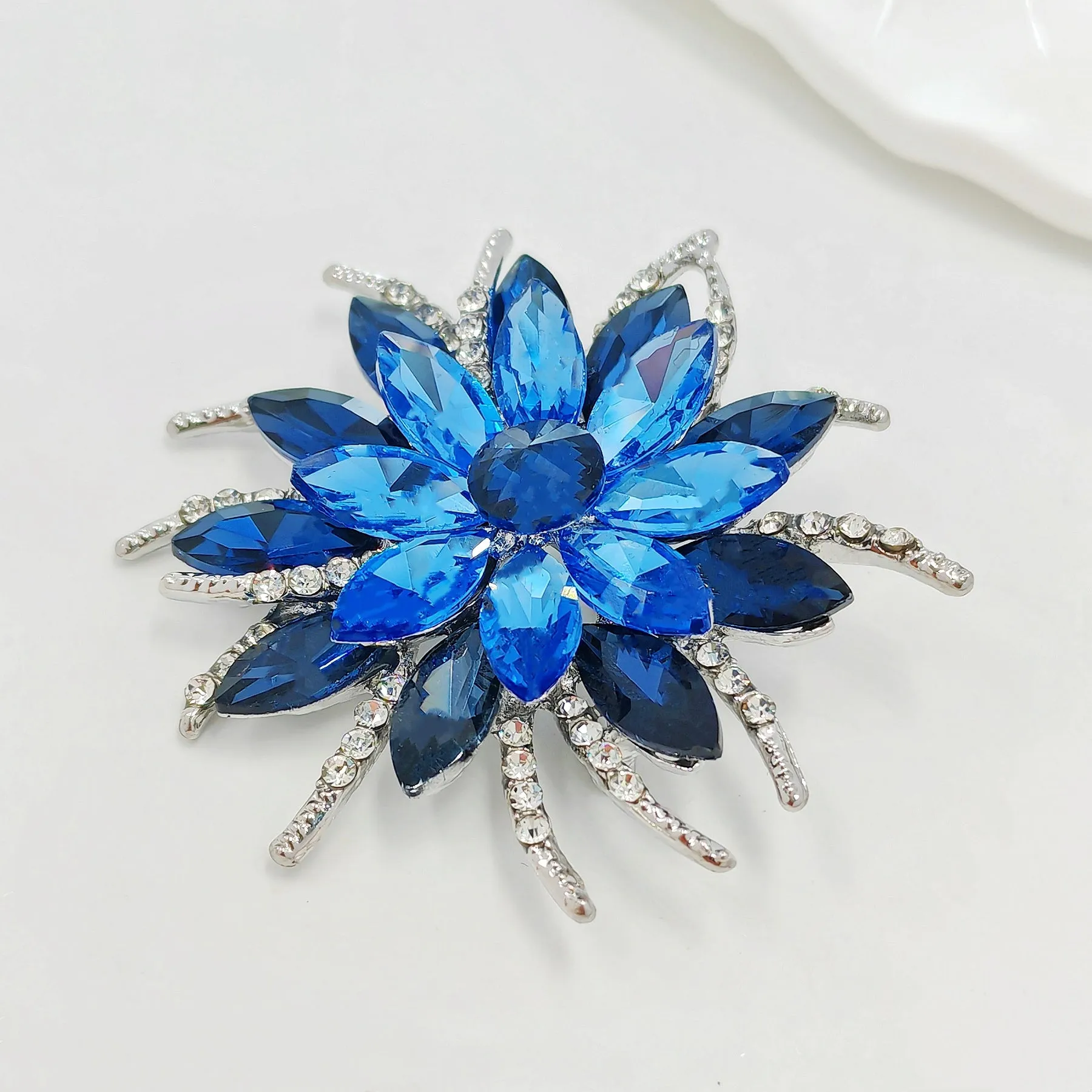 Classic Stylish Layered Statement Navy Blue Rhinestone Flower Sash Brooch Pin Bridal Wedding Jewelry
