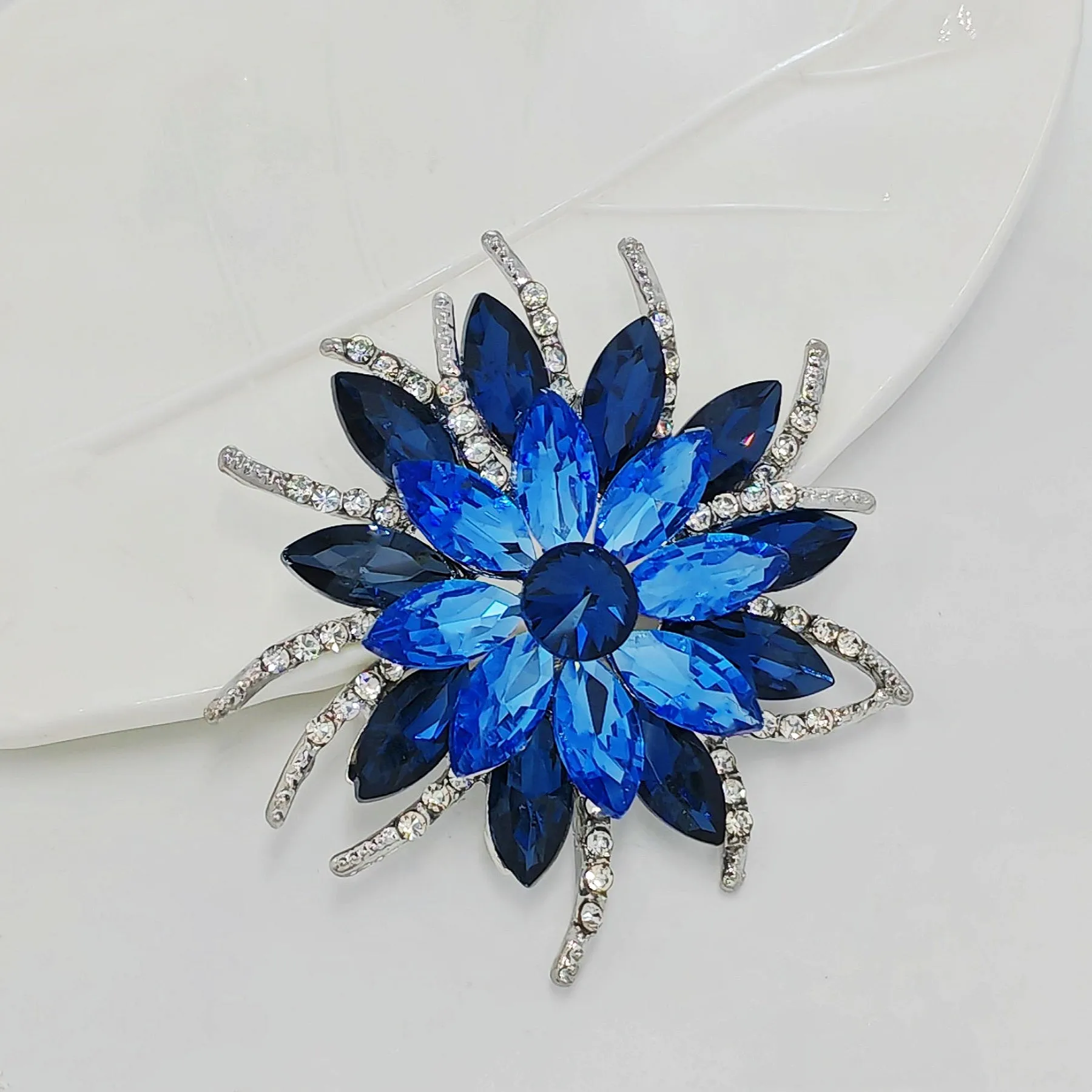 Classic Stylish Layered Statement Navy Blue Rhinestone Flower Sash Brooch Pin Bridal Wedding Jewelry