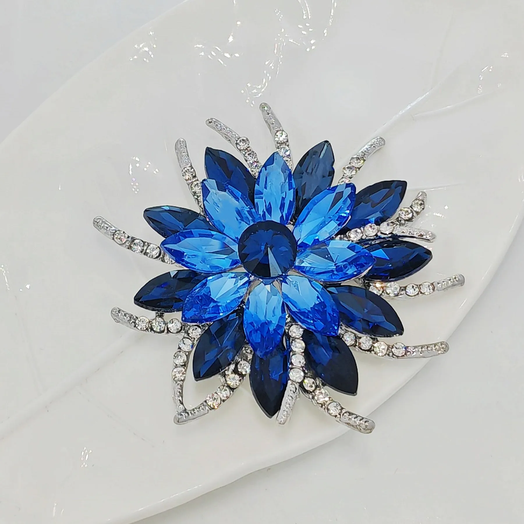 Classic Stylish Layered Statement Navy Blue Rhinestone Flower Sash Brooch Pin Bridal Wedding Jewelry