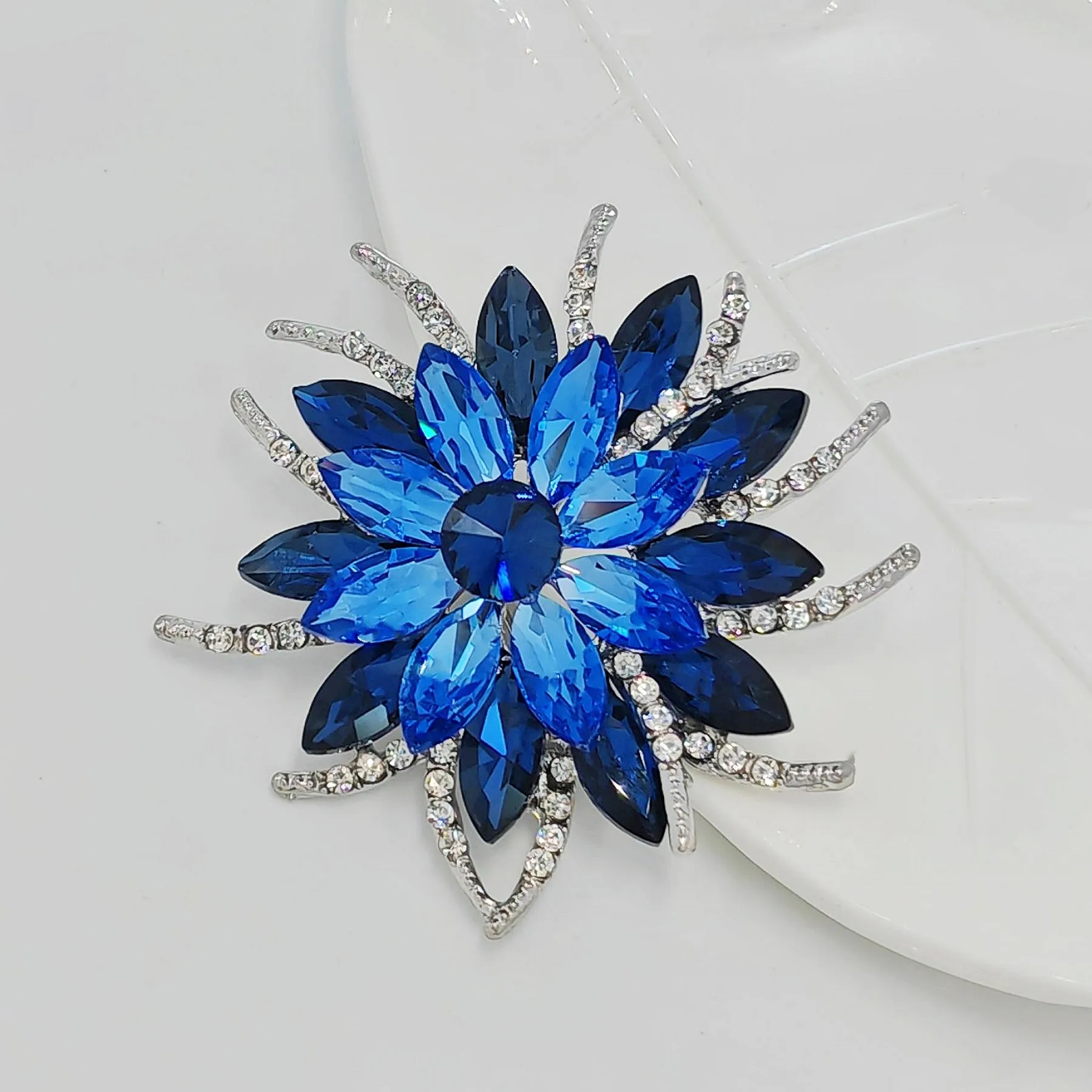 Classic Stylish Layered Statement Navy Blue Rhinestone Flower Sash Brooch Pin Bridal Wedding Jewelry