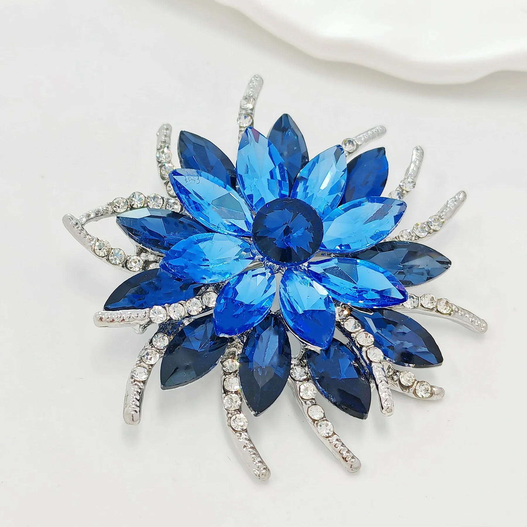 Classic Stylish Layered Statement Navy Blue Rhinestone Flower Sash Brooch Pin Bridal Wedding Jewelry