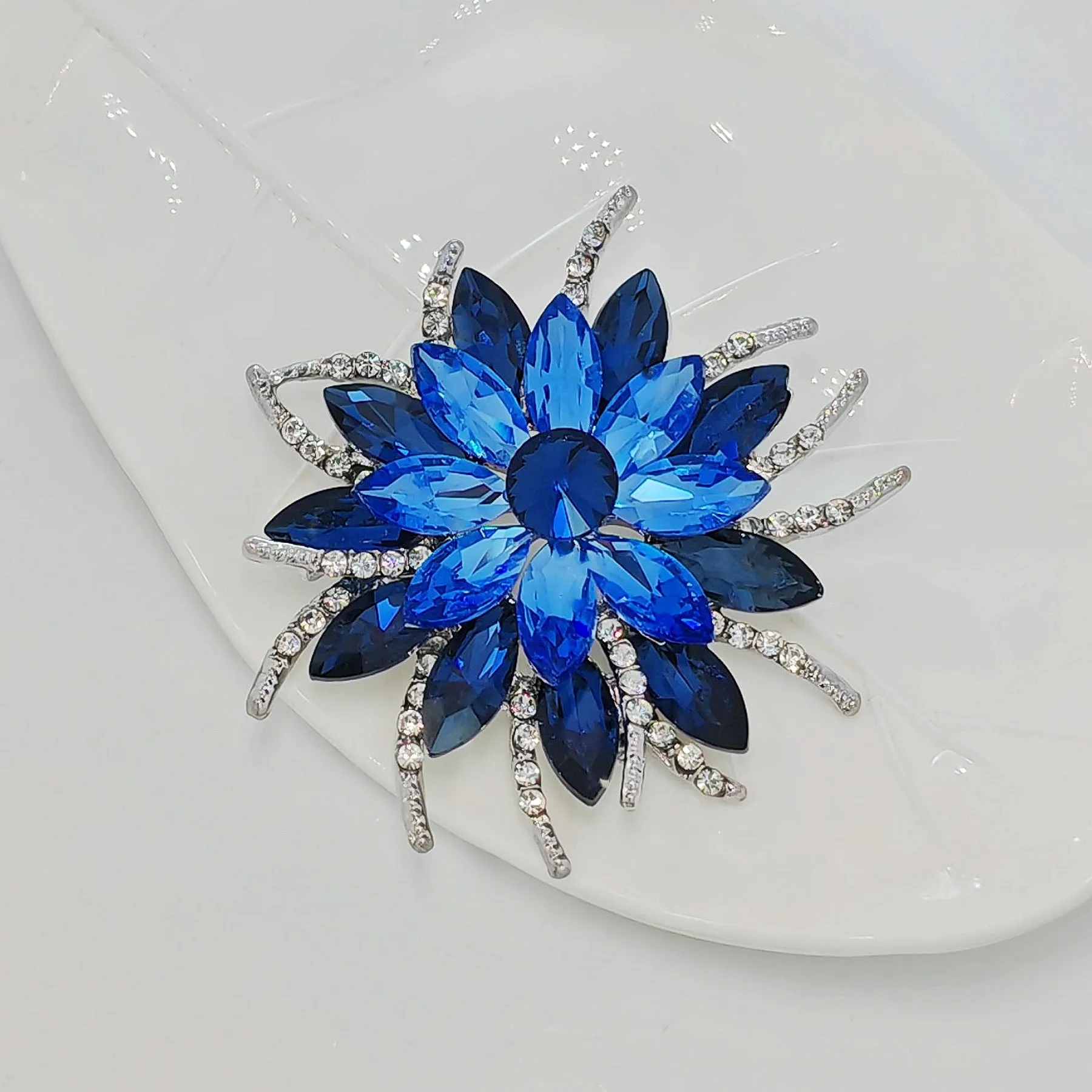 Classic Stylish Layered Statement Navy Blue Rhinestone Flower Sash Brooch Pin Bridal Wedding Jewelry
