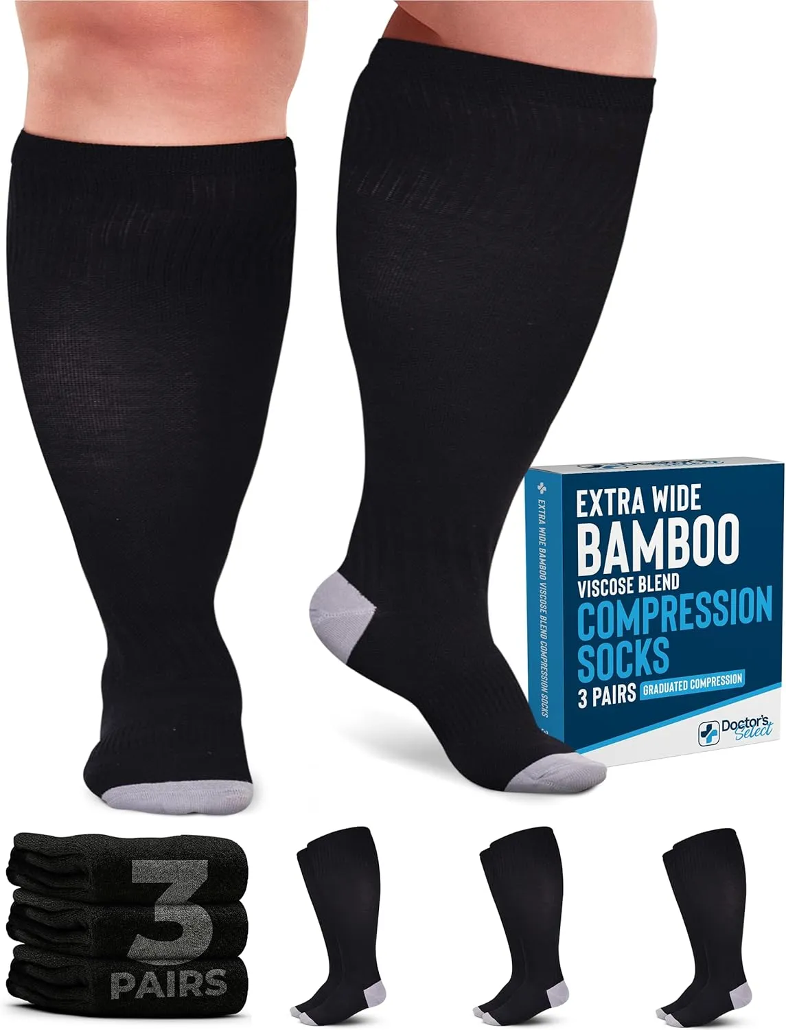 Doctor's Select 3 Pairs Plus Size Compression Socks Wide Calf | Bamboo Viscose Knee High Extra Wide Calf Compression Socks Women & Men | Black