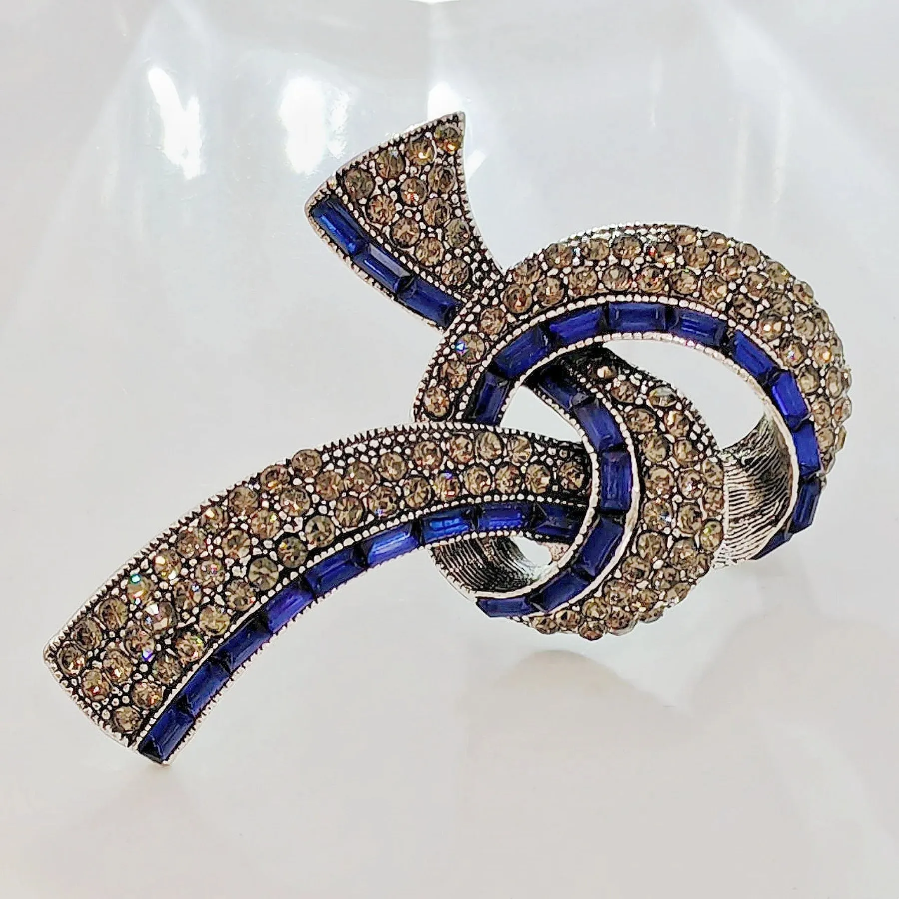 Elegant Vintage Blue Baguette and Champagne Crystal Ribbon Bow Brooch for Mom Her