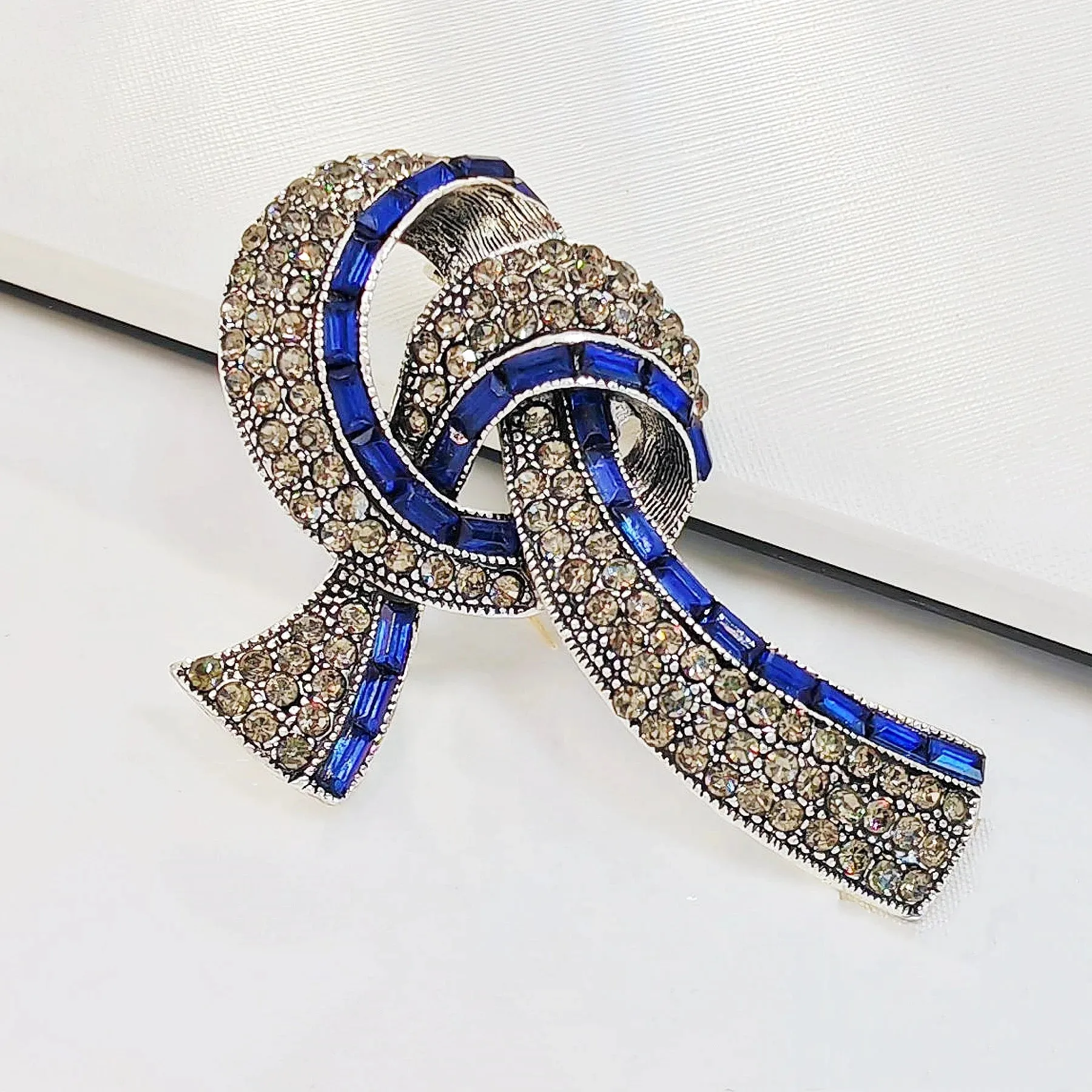 Elegant Vintage Blue Baguette and Champagne Crystal Ribbon Bow Brooch for Mom Her