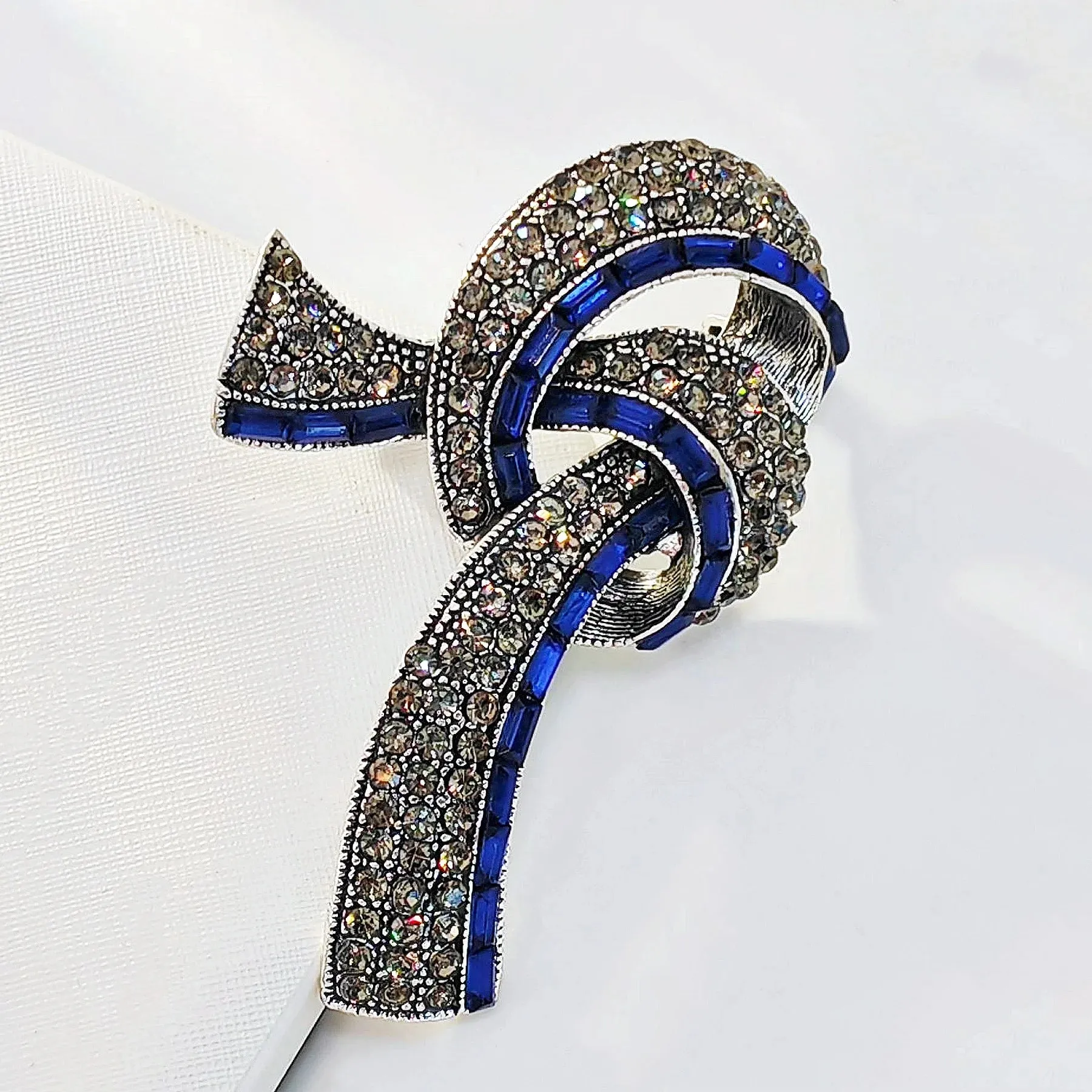 Elegant Vintage Blue Baguette and Champagne Crystal Ribbon Bow Brooch for Mom Her