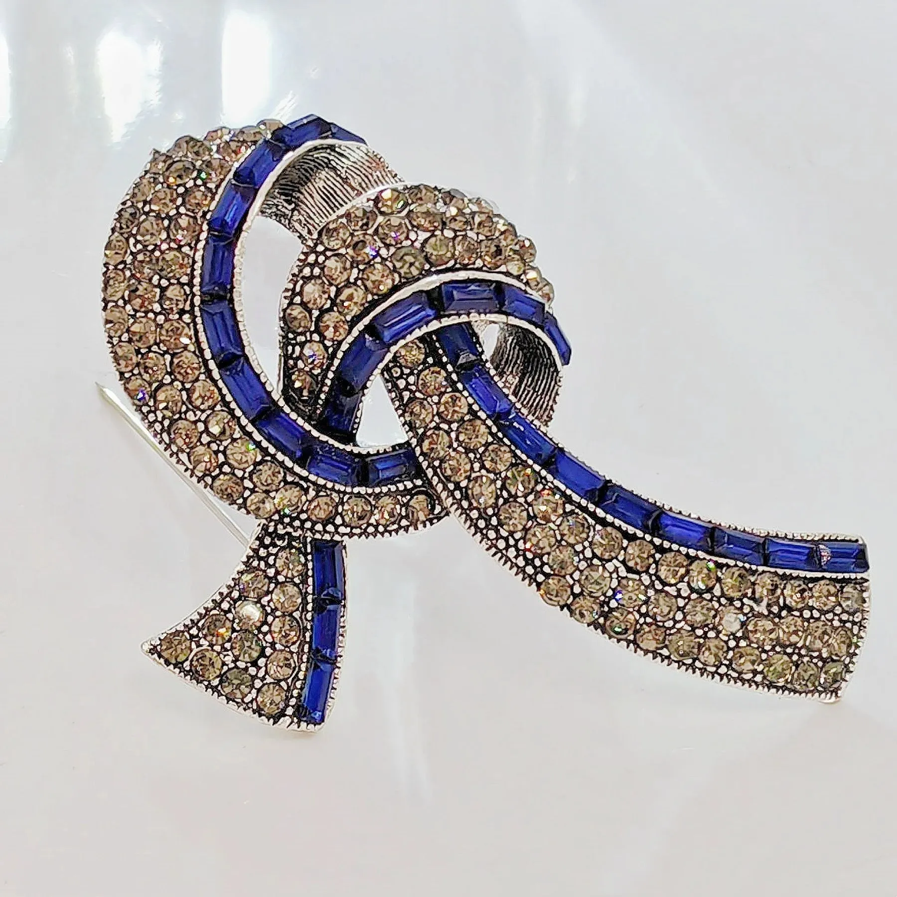 Elegant Vintage Blue Baguette and Champagne Crystal Ribbon Bow Brooch for Mom Her