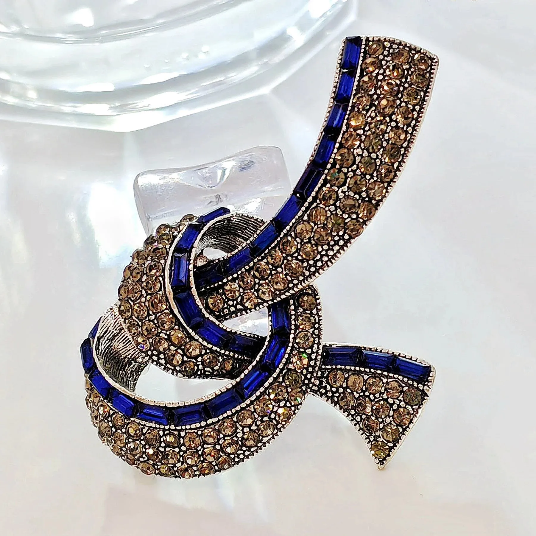 Elegant Vintage Blue Baguette and Champagne Crystal Ribbon Bow Brooch for Mom Her