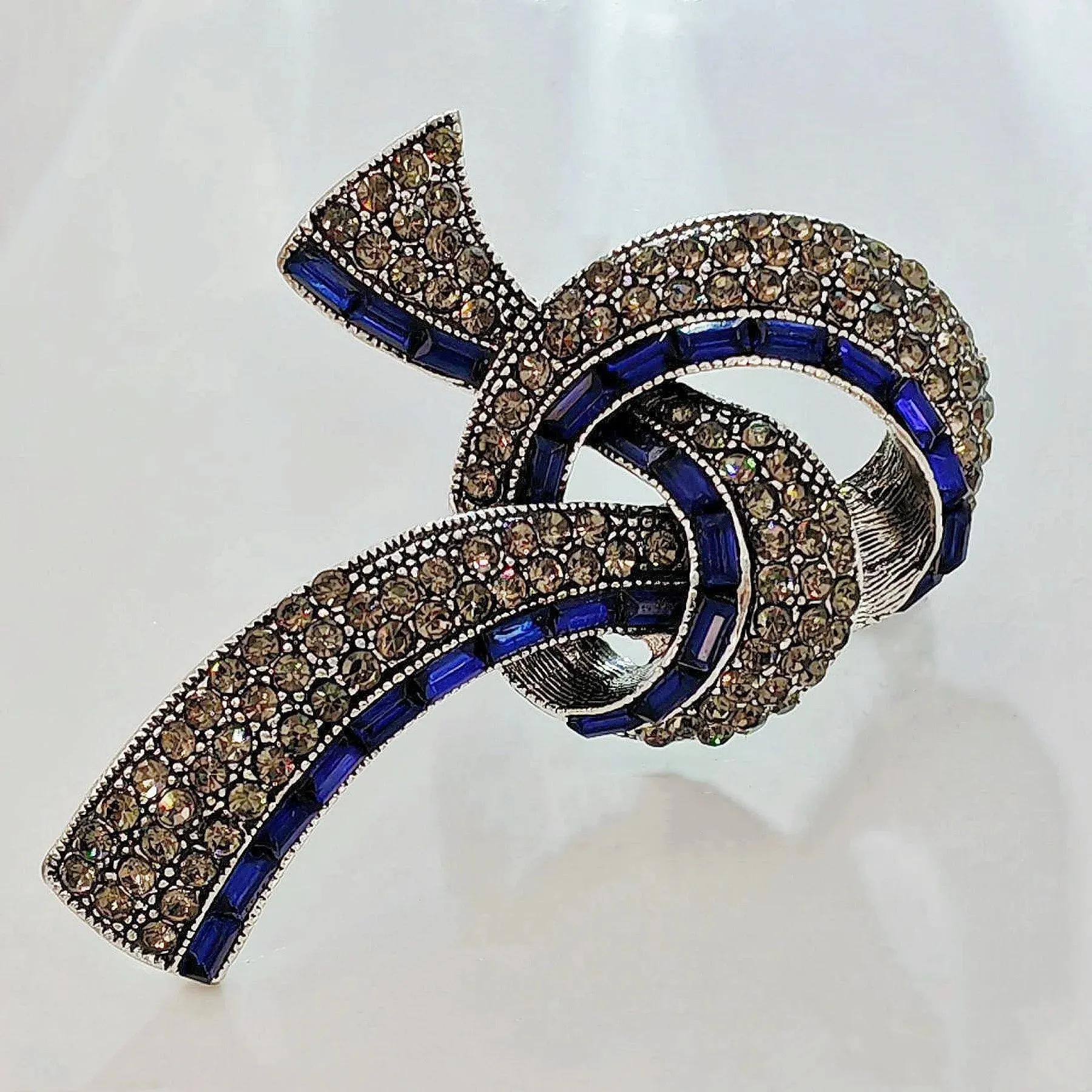 Elegant Vintage Blue Baguette and Champagne Crystal Ribbon Bow Brooch for Mom Her