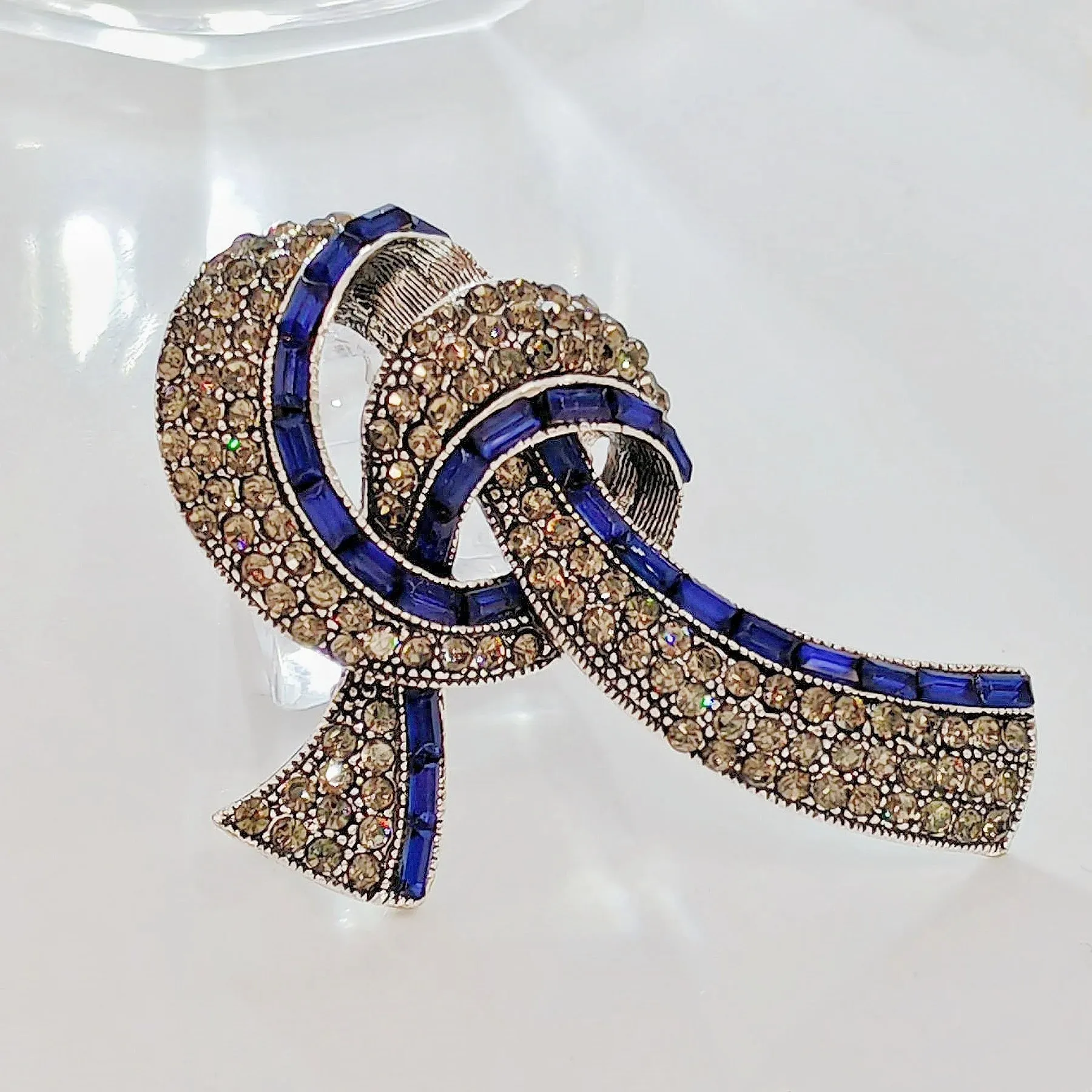 Elegant Vintage Blue Baguette and Champagne Crystal Ribbon Bow Brooch for Mom Her