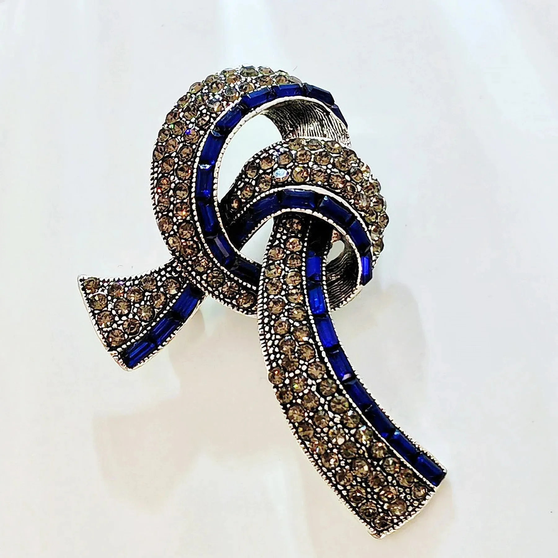 Elegant Vintage Blue Baguette and Champagne Crystal Ribbon Bow Brooch for Mom Her