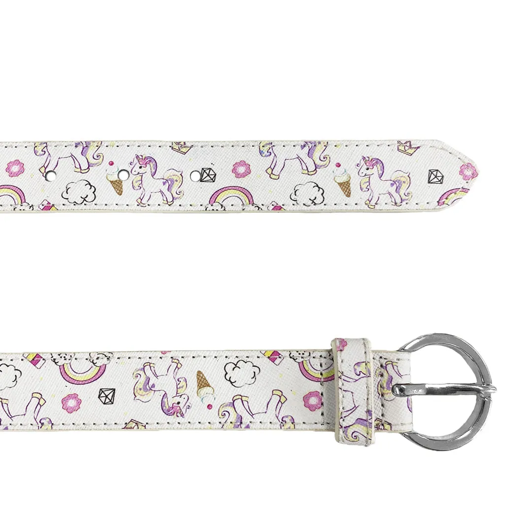 EMILY- Girls White Genuine Leather Flower Belt with Silver Buckle