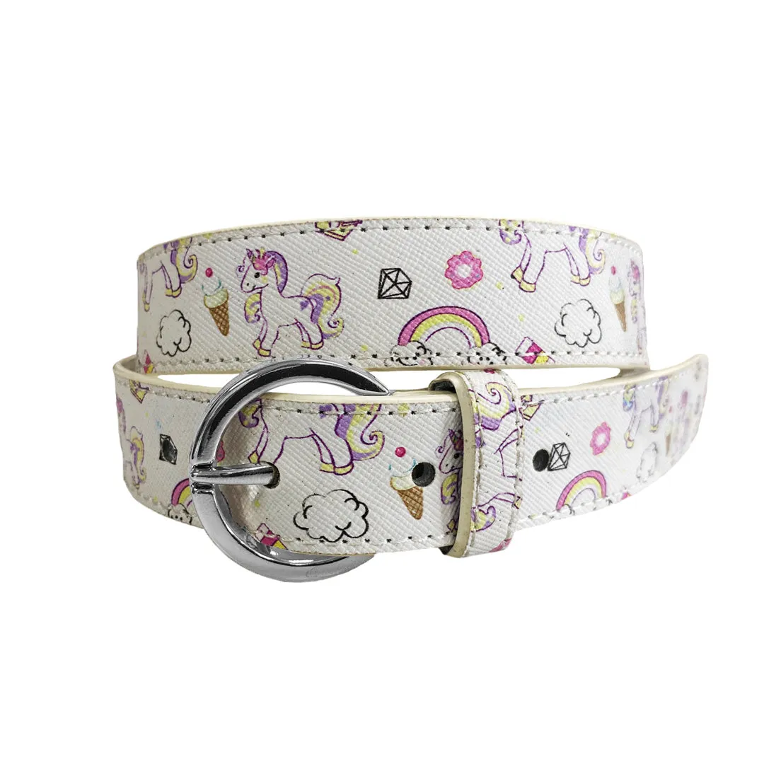 EMILY- Girls White Genuine Leather Flower Belt with Silver Buckle