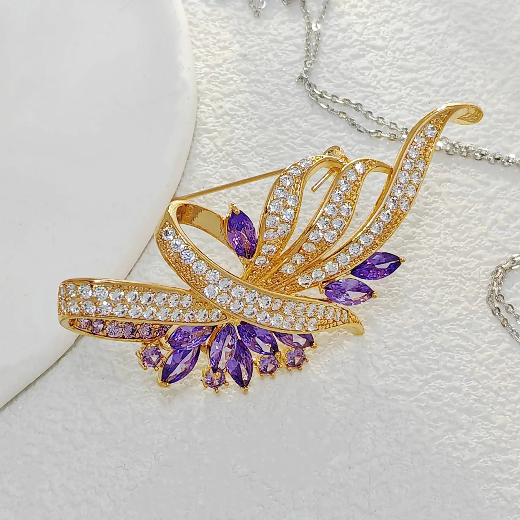Fabulous Purple Floral and Ribbon Bow Brooch Pin for Women Elegant Jewelry