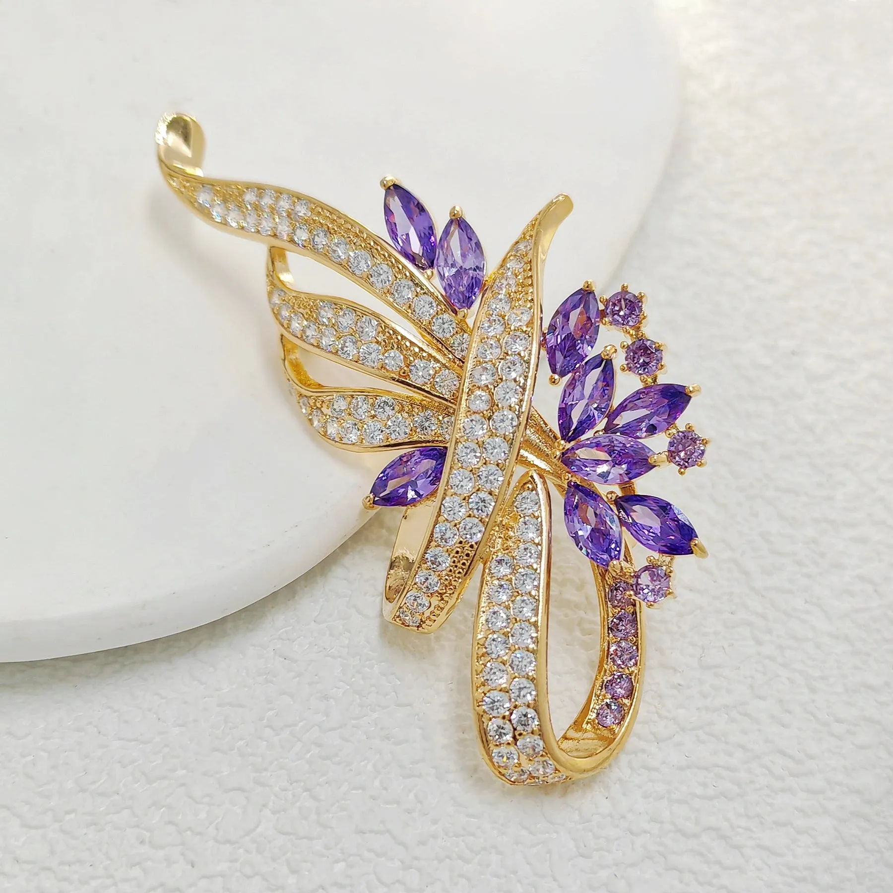 Fabulous Purple Floral and Ribbon Bow Brooch Pin for Women Elegant Jewelry
